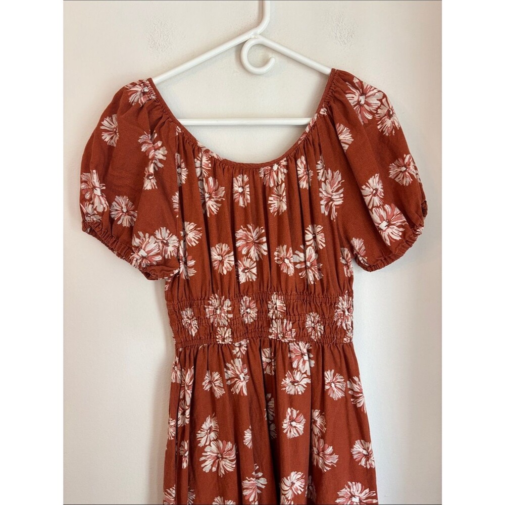 Madewell Linen-Blend Sophia Midi Dress Rust Floral Puff Sleeve Fall pockets Med - Picture 11 of 12